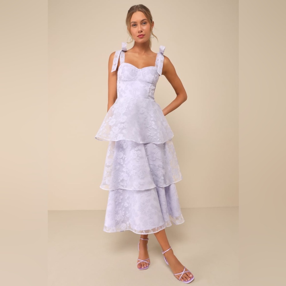 LULUS Glamorous Sweetie Lavender Burnout Tie-Strap Bustier Midi Dress